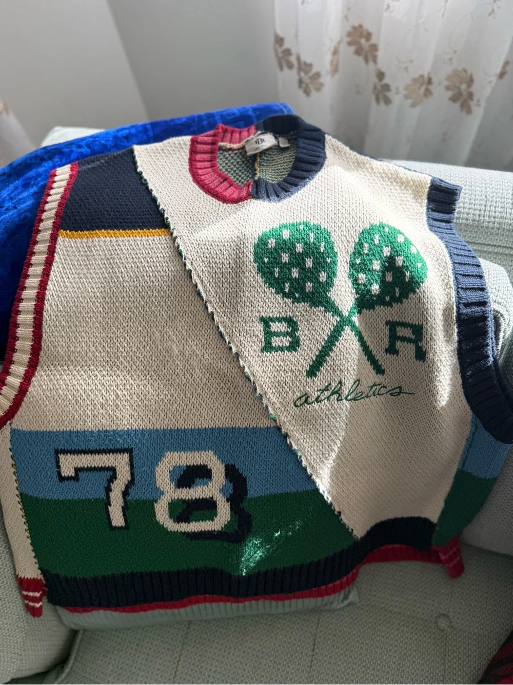 Banana Republic Cream Knit V‑Neck Sweater Vest with Green & Blue Accents